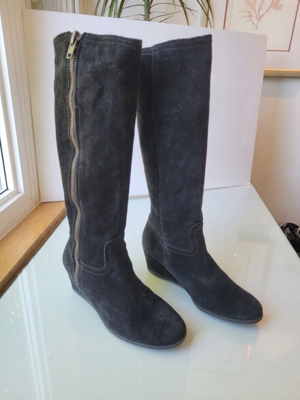 Franco Sarto Asher Wedge Black Genuine Suede Leather Boot Size 8.5M